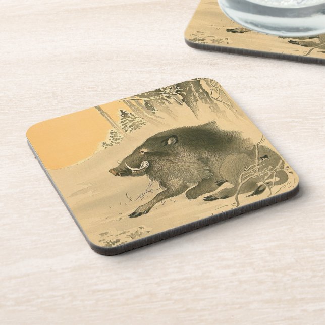 Japanese Boar Painting Pig Year Zodiac Birthday C Coaster (Left Side)