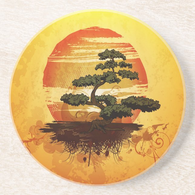 Japanese Bonsai Tree Sunset Coaster (Front)