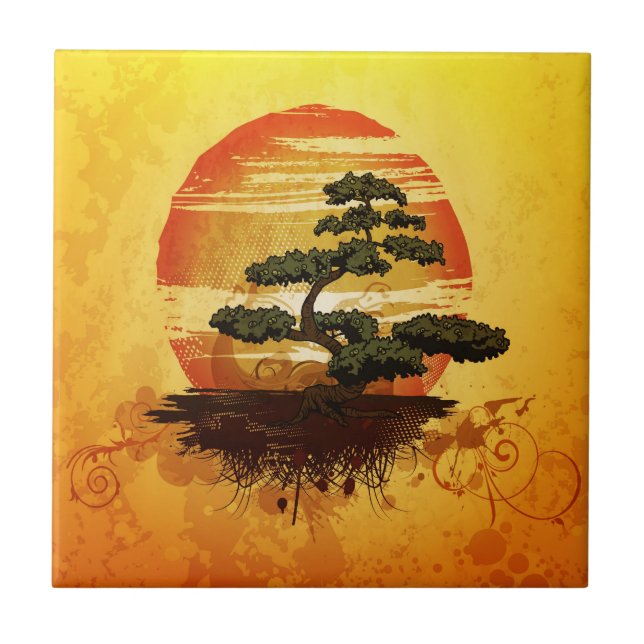 Japanese Bonsai Tree Sunset Tile (Front)