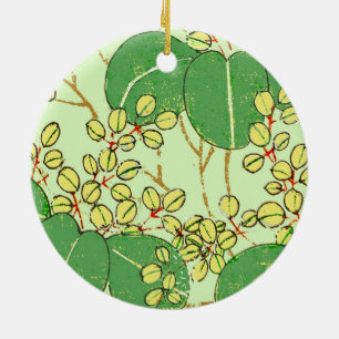 Japanese Botanical Green Leaf Woodblock Print Ceramic Tree Decoration