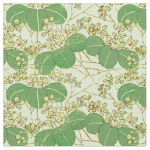 Japanese Botanical Green Leaf Woodblock Print Fabric