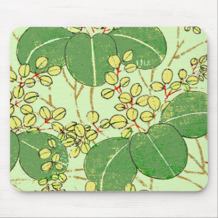 Japanese Botanical Green Leaf Woodblock Print Mouse Mat