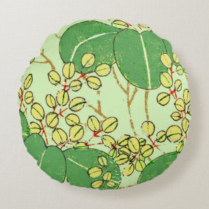 Japanese Botanical Green Leaf Woodblock Print Round Cushion