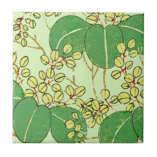 Japanese Botanical Green Leaf Woodblock Print Tile