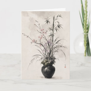 Japanese Botanical Greeting Floral Bamboo Cherry Card
