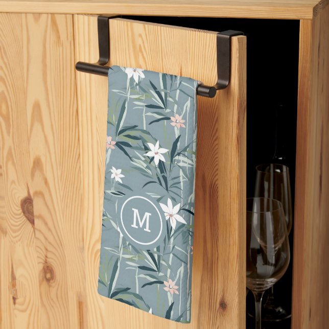 Japanese botanical zen flowers pattern tea towel (Thirds Fold)