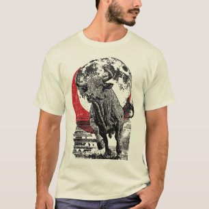 Japanese Bull Art   Red Moon Artwork   Asian Wall  T-Shirt