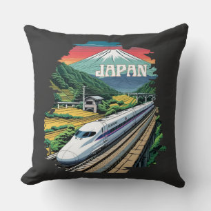 Japanese Bullet Train and Mount Fuji Cushion