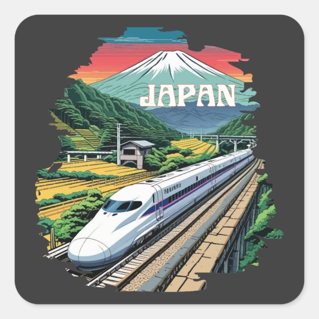 Japanese Bullet Train and Mount Fuji Square Sticker (Front)