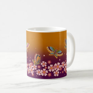Japanese Butterflies Amid Sakura Blooms Gold Plum Coffee Mug
