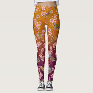 Japanese Butterflies Amid Sakura Blooms Gold  Plum Leggings