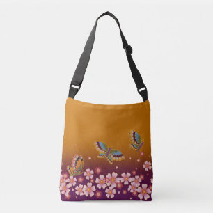 Japanese Butterflies Amid Sakura Blossoms Gold Crossbody Bag
