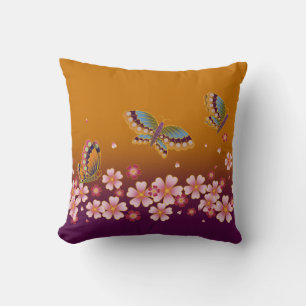 Japanese Butterflies Amid Sakura Blossoms Gold Cushion