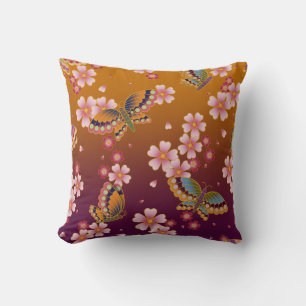 Japanese Butterflies Amid Sakura Blossoms Gold Cushion