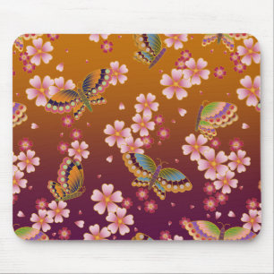 Japanese Butterflies Amid Sakura Blossoms Gold Mouse Mat