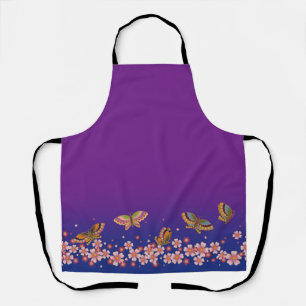 Japanese Butterflies Amid Sakura Blossoms Purple Apron