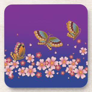 Japanese Butterflies Amid Sakura Blossoms Purple Coaster