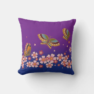 Japanese Butterflies Amid Sakura Blossoms Purple Cushion