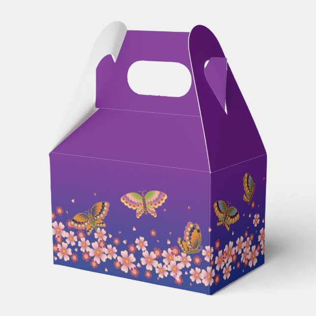 Japanese Butterflies Amid Sakura Blossoms Purple Favour Box (Front Side)