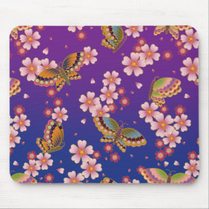 Japanese Butterflies Amid Sakura Blossoms Purple Mouse Mat