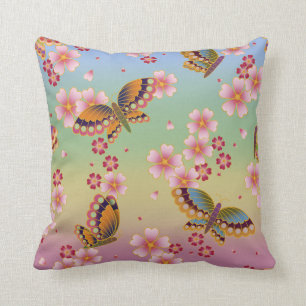 Japanese Butterflies Amid Sakura Blossoms Rainbow Cushion