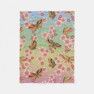 Japanese Butterflies Amid Sakura Blossoms Rainbow Fleece Blanket