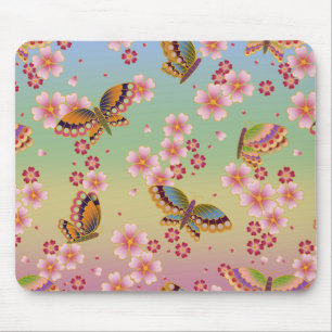 Japanese Butterflies Amid Sakura Blossoms Rainbow Mouse Mat