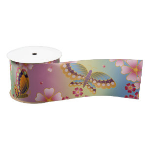 Japanese Butterflies Amid Sakura Blossoms Rainbow Satin Ribbon