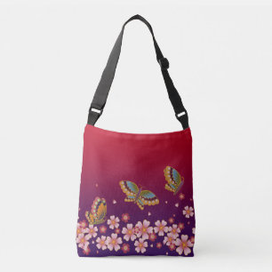 Japanese Butterflies Amid Sakura Blossoms Red Crossbody Bag