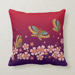 Japanese Butterflies Amid Sakura Blossoms Red Cushion