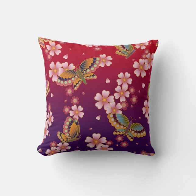 Japanese Butterflies Amid Sakura Blossoms Red Cushion (Front)