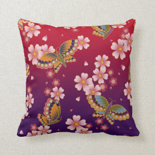 Japanese Butterflies Amid Sakura Blossoms Red Cushion