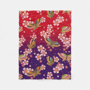 Japanese Butterflies Amid Sakura Blossoms Red Fleece Blanket