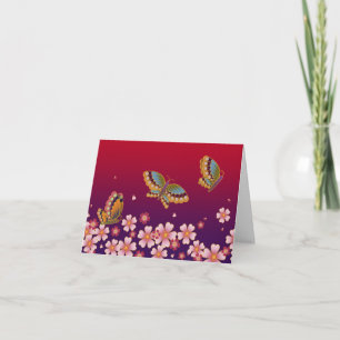 Japanese Butterflies Amid Sakura Blossoms Red Note Card