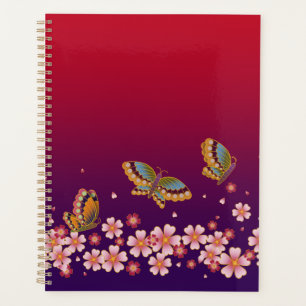 Japanese Butterflies Amid Sakura Blossoms Red Planner