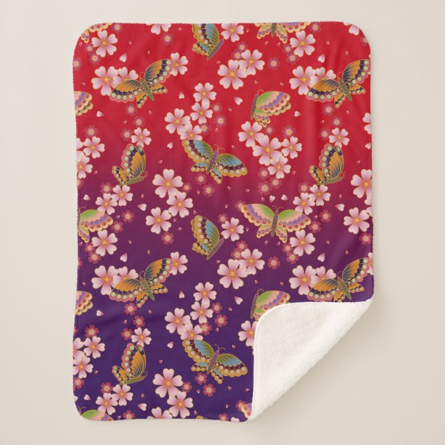 Japanese Butterflies Amid Sakura Blossoms Red Sherpa Blanket (Front)