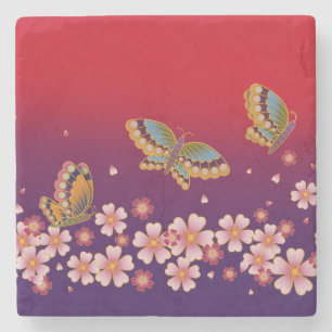 Japanese Butterflies Amid Sakura Blossoms Red Stone Coaster