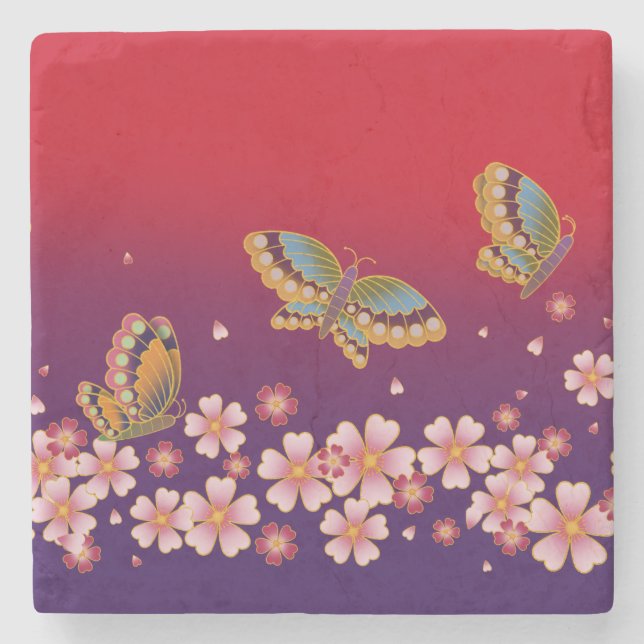 Japanese Butterflies Amid Sakura Blossoms Red Stone Coaster (Front)