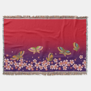 Japanese Butterflies Amid Sakura Blossoms Red Throw Blanket