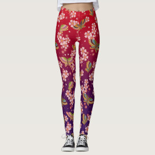 Japanese Butterflies Amid Sakura Shower Red Leggings