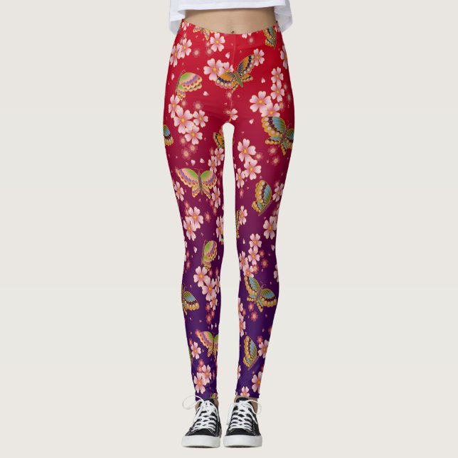 Japanese Butterflies Amid Sakura Shower Red Leggings (Front)