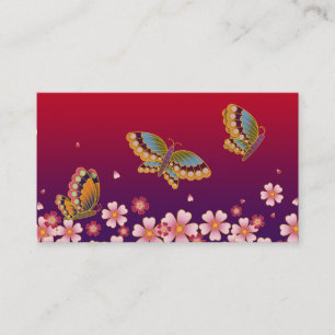 Japanese Butterflies & Sakura Blossoms Red & Plum Business Card