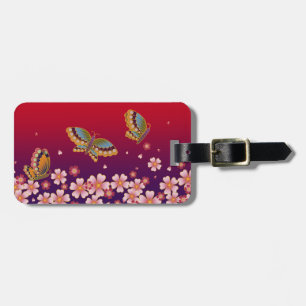 Japanese Butterflies & Sakura Blossoms Red Purple Luggage Tag