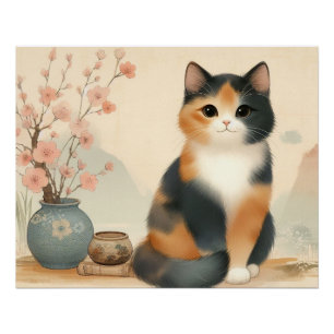 Japanese calico cat and flower poster