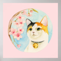 Japanese Calico Cat Watercolor Painting, Pop Art