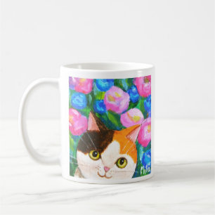 Japanese Calico Cat with Pretty Flowers Cat lover Coffee Mug