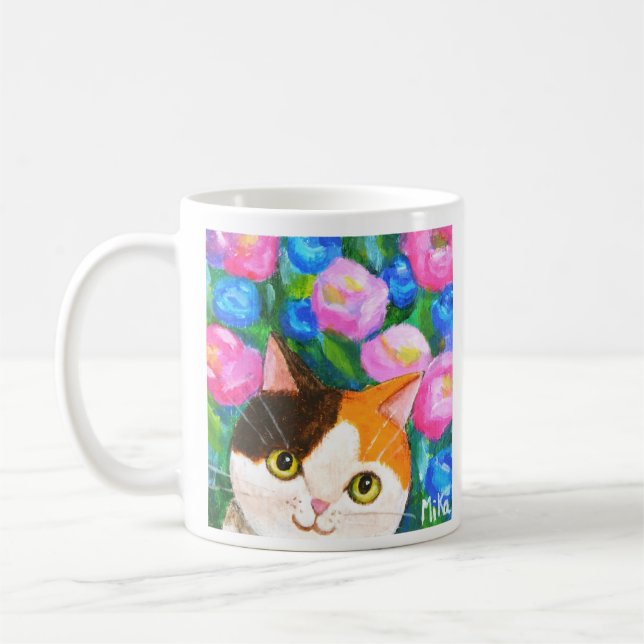 Japanese Calico Cat with Pretty Flowers Cat lover  Coffee Mug (Left)