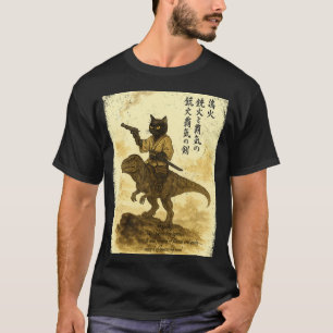 Japanese Calligraphy Cat Rides Dinosaur with Haiku T-Shirt