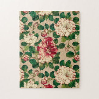 Japanese Camellia Pattern. Deep Pink on Beige Jigsaw Puzzle