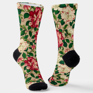Japanese Camellia Pattern. Deep Pink on Beige Socks